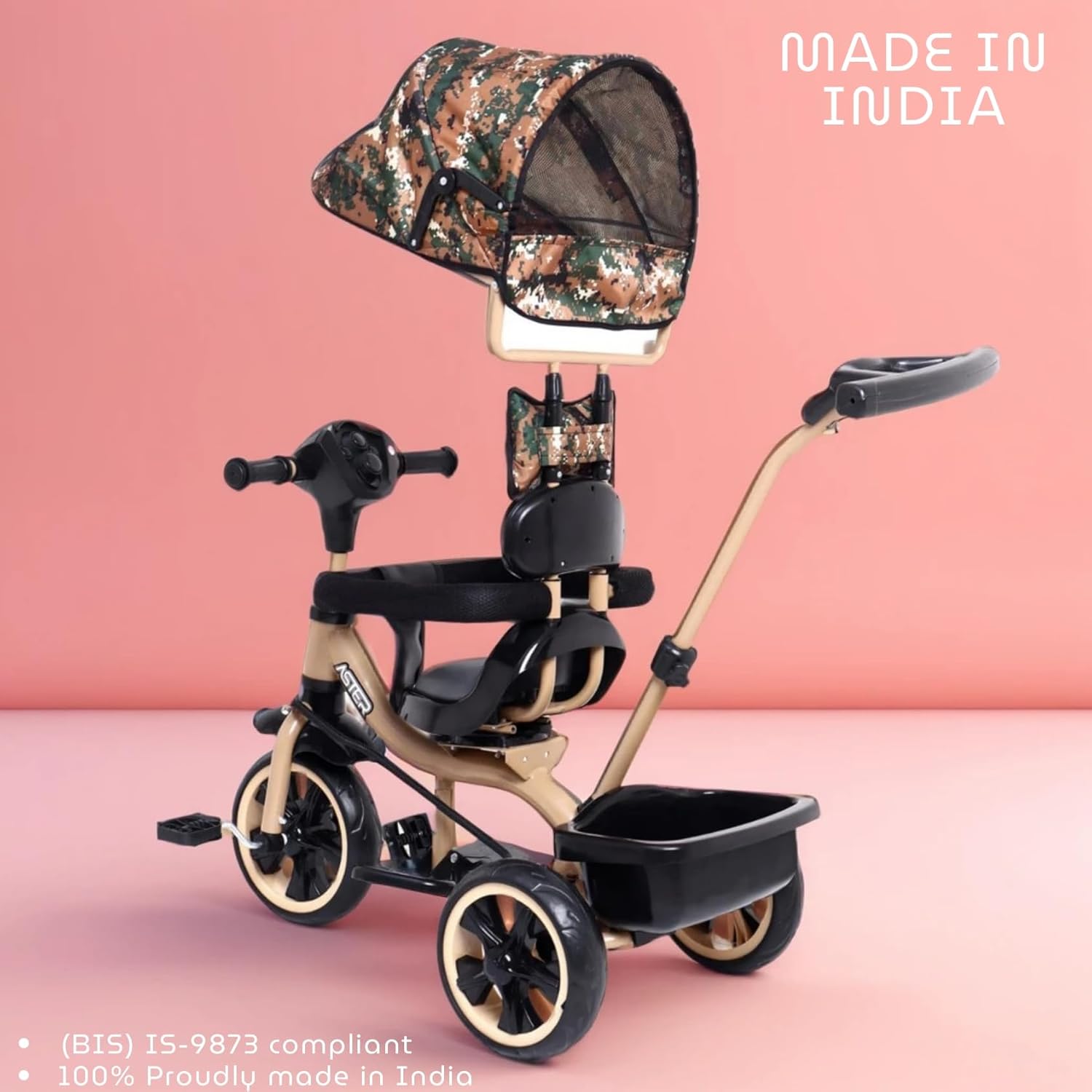 Aster 4-in-1 musical tricycle for kids with camouflage canopy and parent push handle. www.usmile.toys